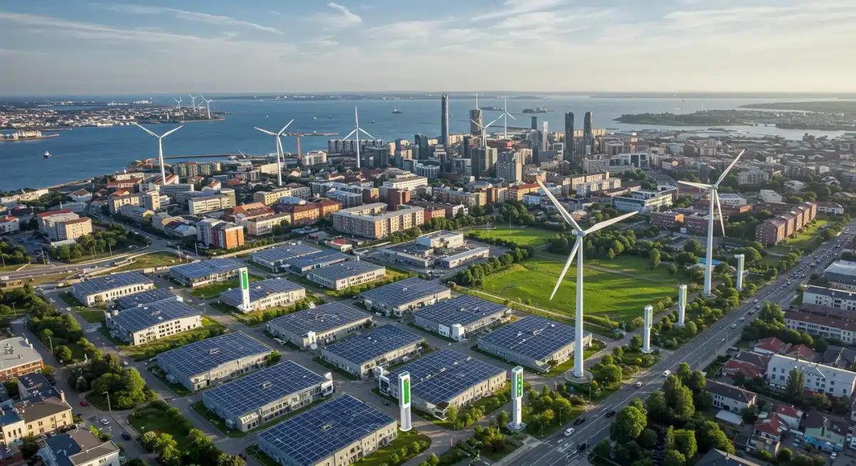 Smart city powered by renewable energy, showcasing clean energy infrastructure.