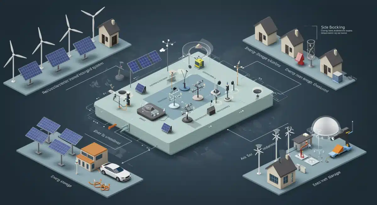 Infographic depicting a smart grid with renewable energy sources and interconnected components.