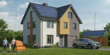 Family enjoying a modern, solar-powered home with electric car, symbolizing clean energy savings and sustainable living.