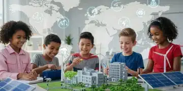 Students learning about clean energy in a modern STEM classroom with solar panels and wind turbines.