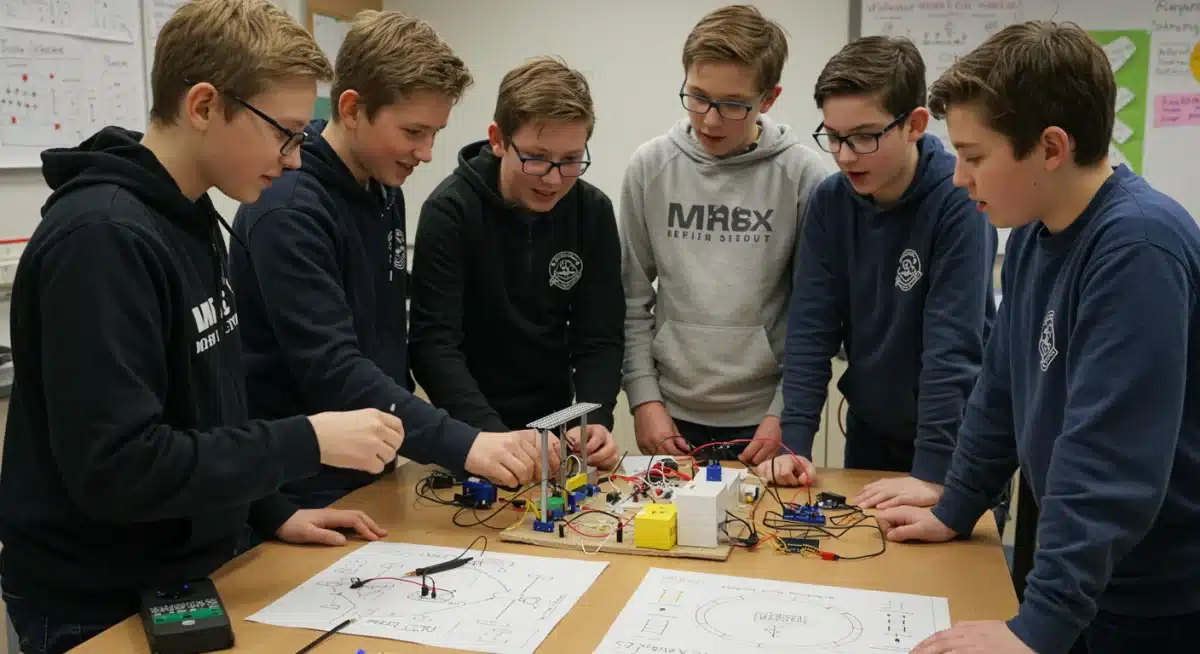 Middle school students building a smart grid model to understand energy distribution.
