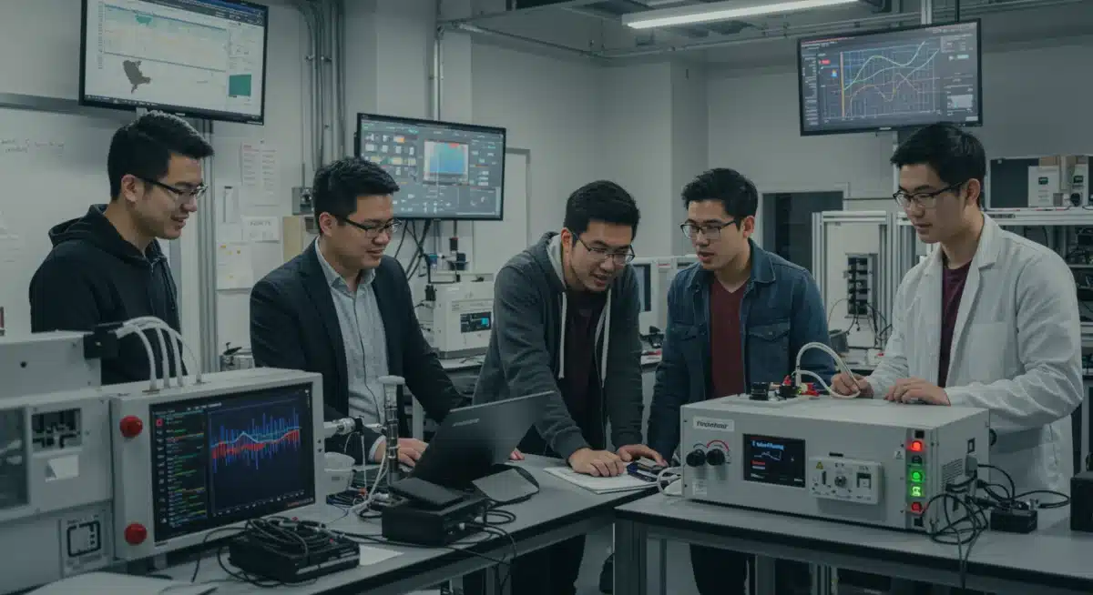 University students working on a renewable energy project in a lab.