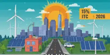 Modern city powered by solar panels and wind turbines, symbolizing clean energy tax credits 2026