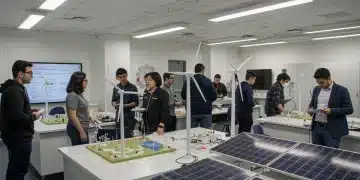 Students and educators collaborating on clean energy projects, showcasing hands-on learning for sustainable careers.