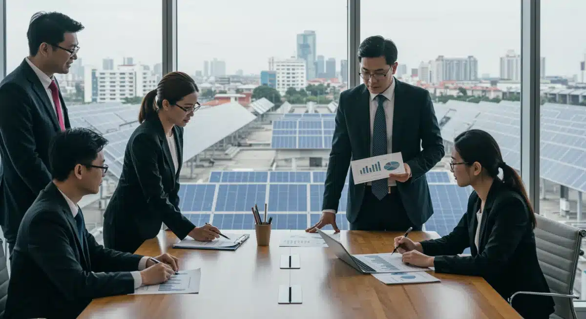 Clean energy policy experts collaborating on sustainable development strategies in a modern office.