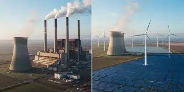 Aging coal power plant next to modern renewable energy sources, depicting energy transition.