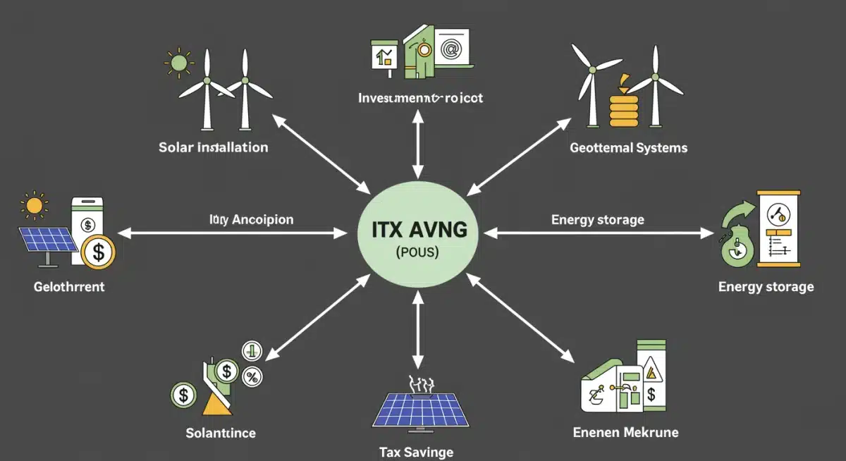 Infographic showing various clean energy projects eligible for tax credits, including solar, wind, and geothermal.