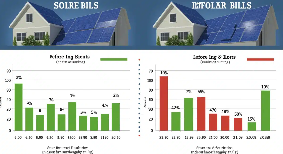 Infographic comparing energy bills before and after solar panel installation.
