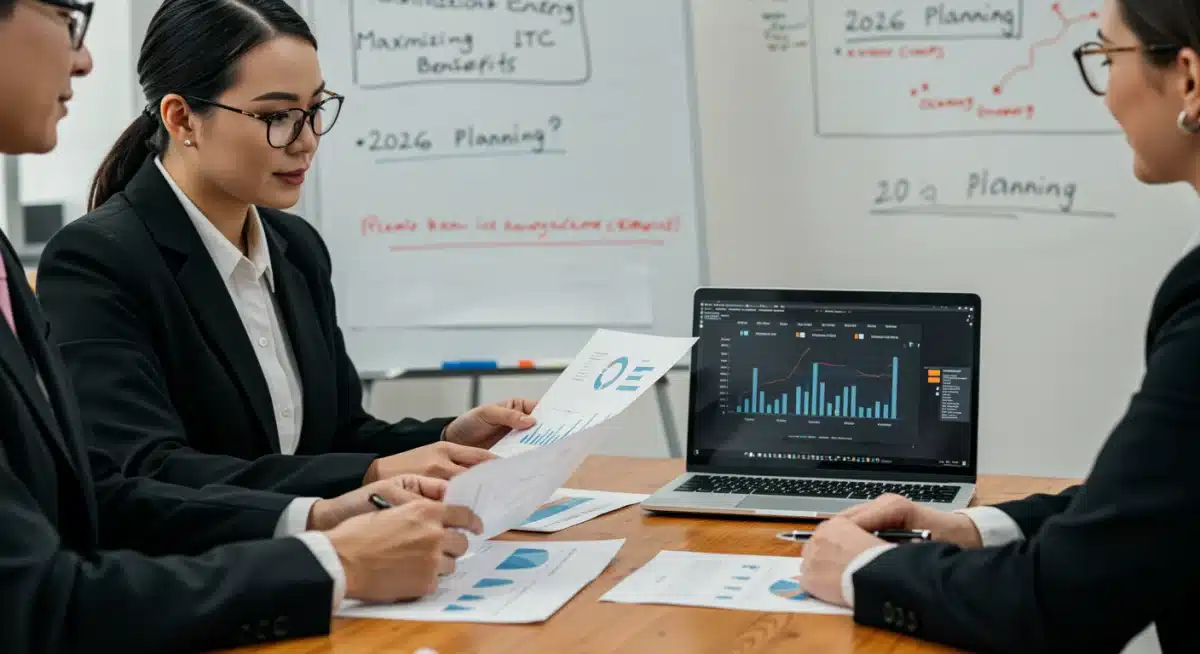 Business professionals discussing financial strategies for maximizing clean energy tax credits.