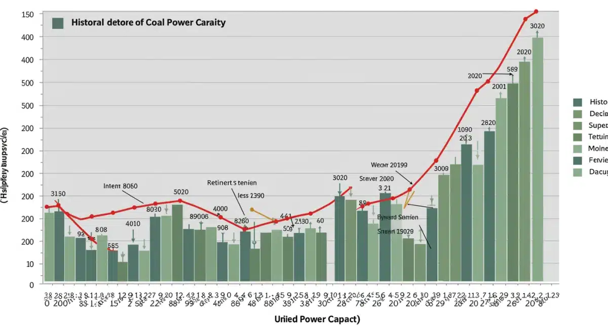 Graph showing the decline of US coal power capacity over time.