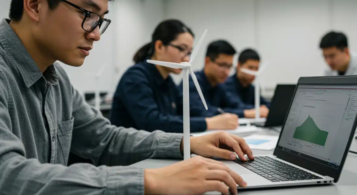 Engineering student analyzing wind turbine data in a renewable energy laboratory setting.
