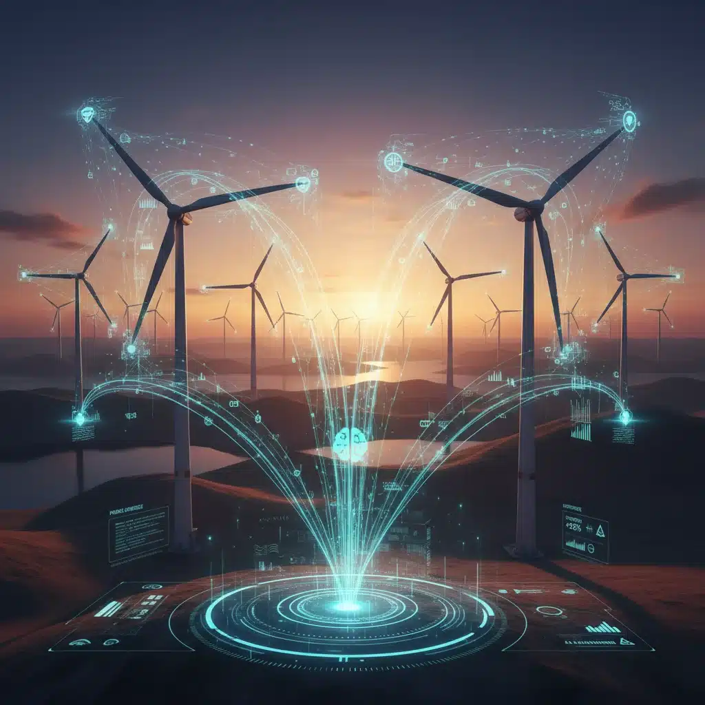 Data visualization showing AI optimization of wind turbine performance, with digital data flowing.
