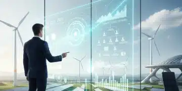 Professional analyzing clean energy career data on a holographic screen, with renewable energy infrastructure in the background.