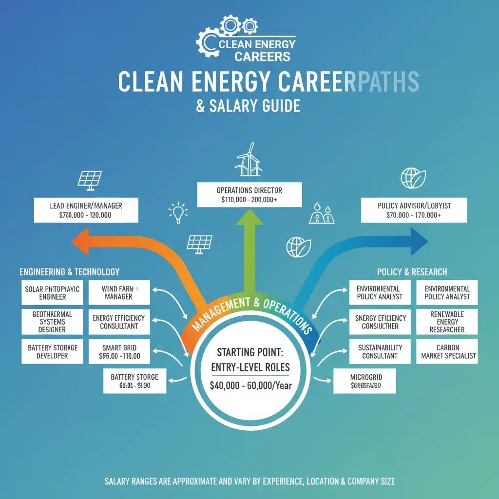 Infographic detailing career paths and salary projections in the clean energy industry.