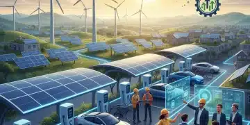 Illustration of clean energy sector growth with solar, wind, and electric vehicles.