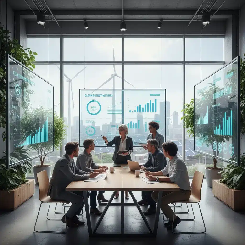 Professionals collaborating on clean energy data and future projections in a modern office.