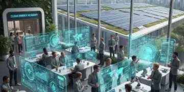 Professionals collaborating on clean energy projects with solar panels in background, symbolizing new educational resources.
