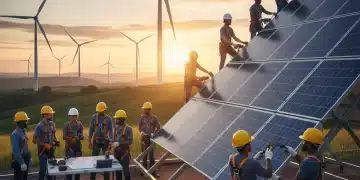 Professionals working on solar panels with wind turbines, clean energy jobs
