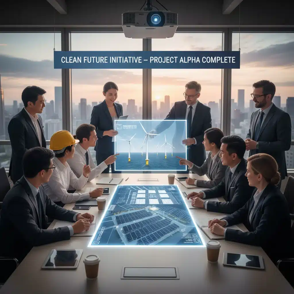 Team collaborating on large-scale clean energy project plans