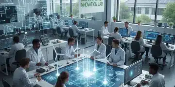 University students and professors in a lab setting, focused on clean energy research and development.