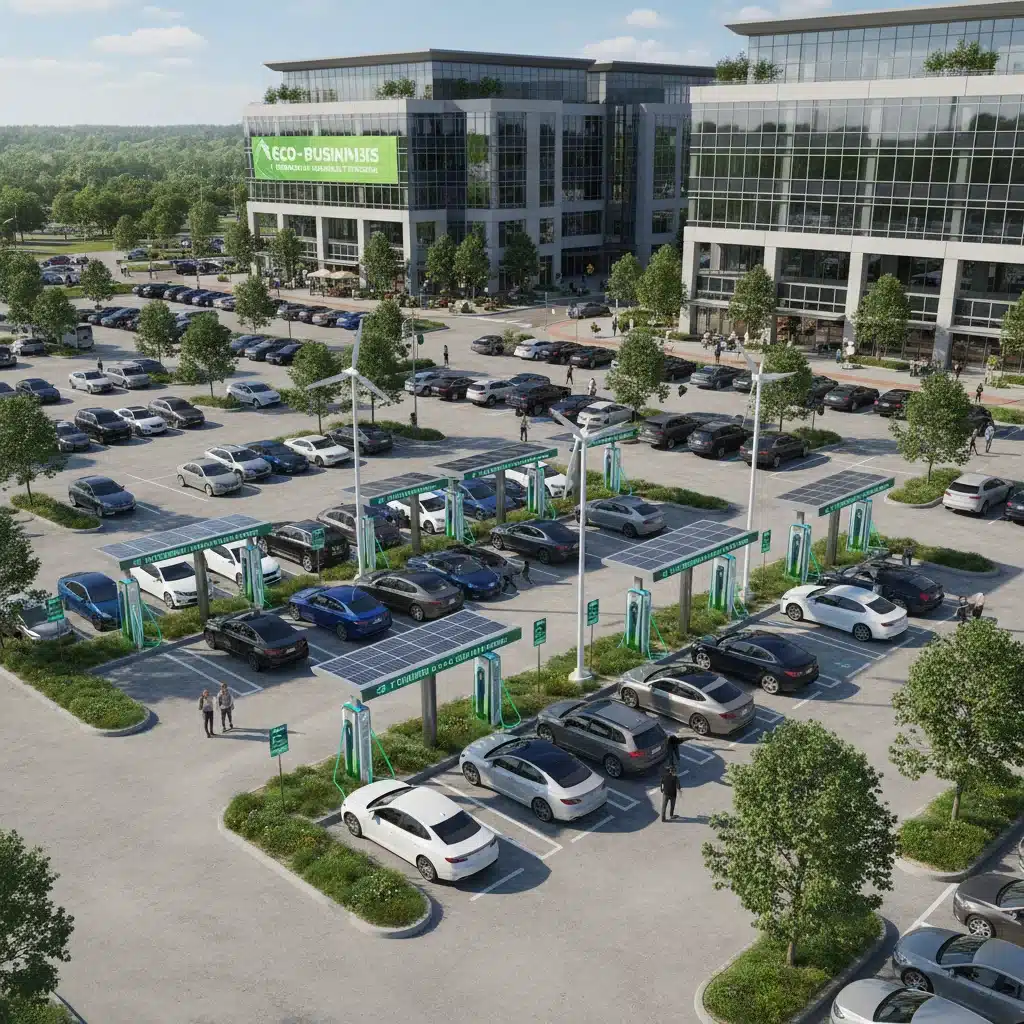 Commercial parking lot with multiple electric vehicle charging stations, illustrating business investment in EV infrastructure.