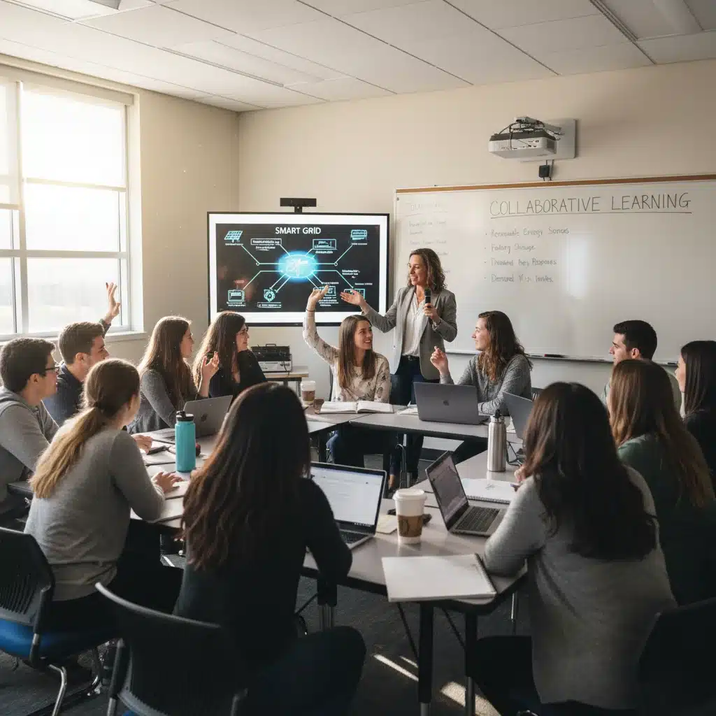 Community college students discussing sustainable energy solutions