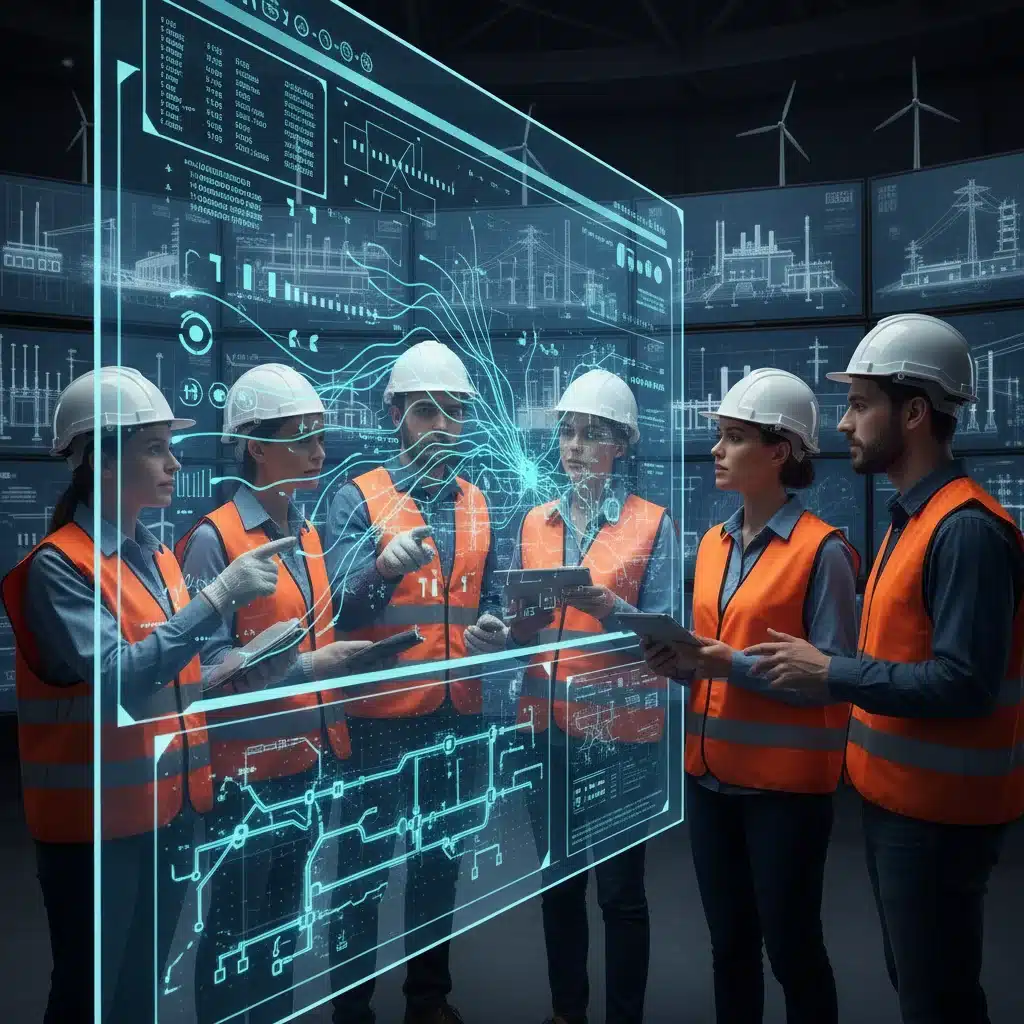 Engineers analyzing real-time energy grid data on a large screen, discussing optimization strategies.
