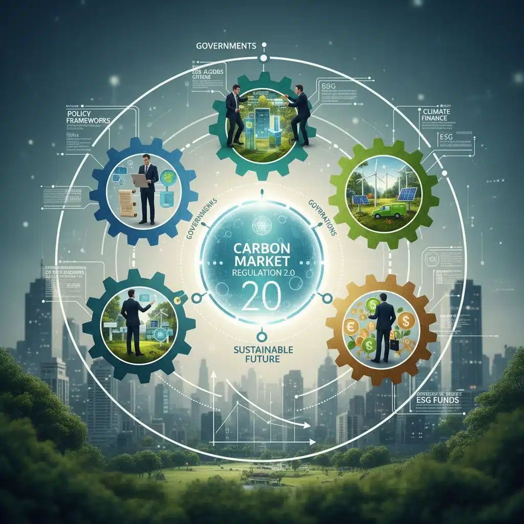 Governments, corporations, and investors collaborating on sustainable future with green technology and policy documents.