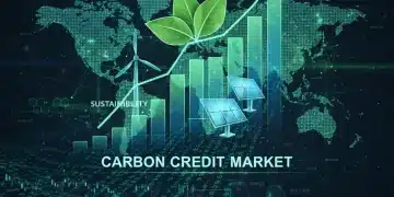 Global carbon credit market financial forecast with rising value graphs and interconnected sustainability symbols.