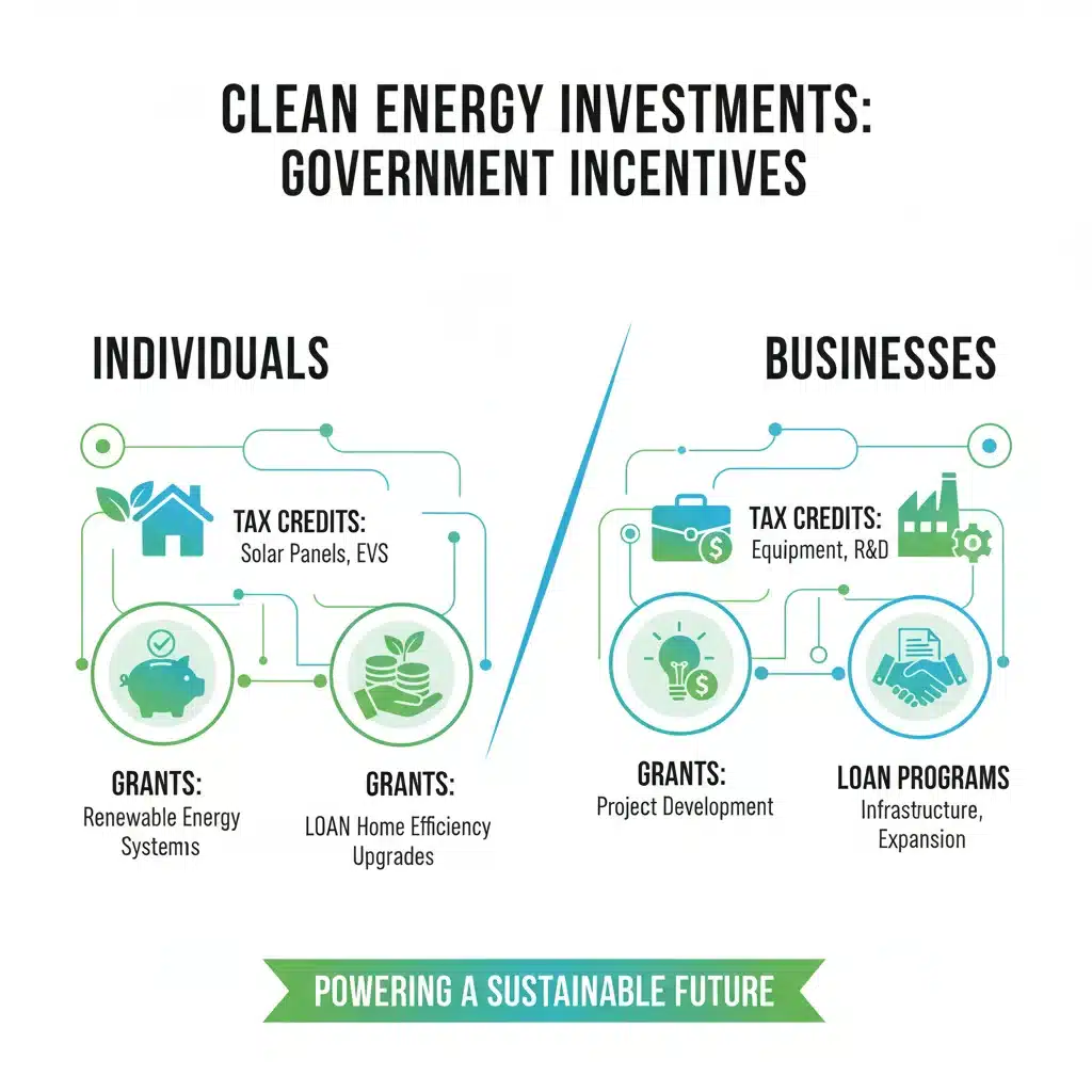 Infographic displaying government incentives and financial benefits for clean energy