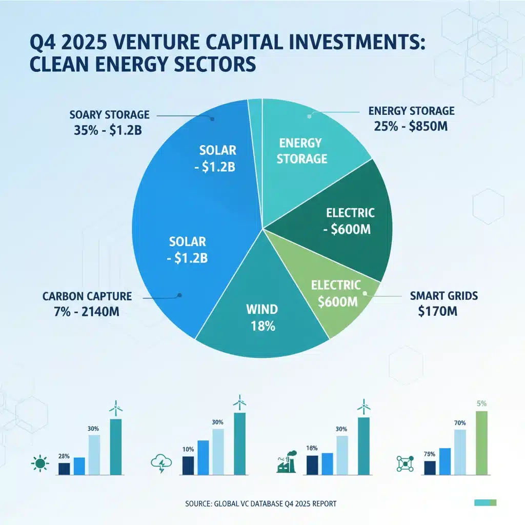 Infographic detailing Q4 2025 clean energy venture capital investment distribution by sector.