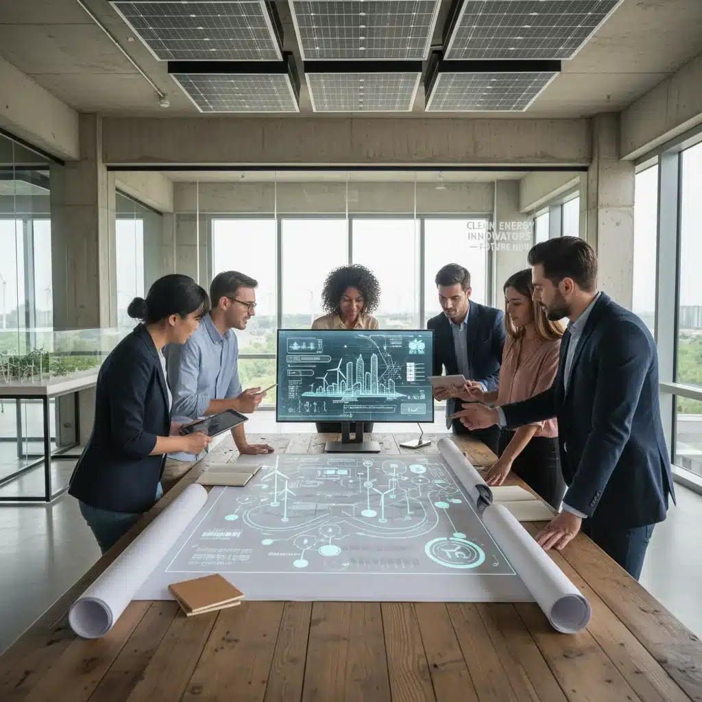Professionals collaborating on a renewable energy project in a contemporary office setting.