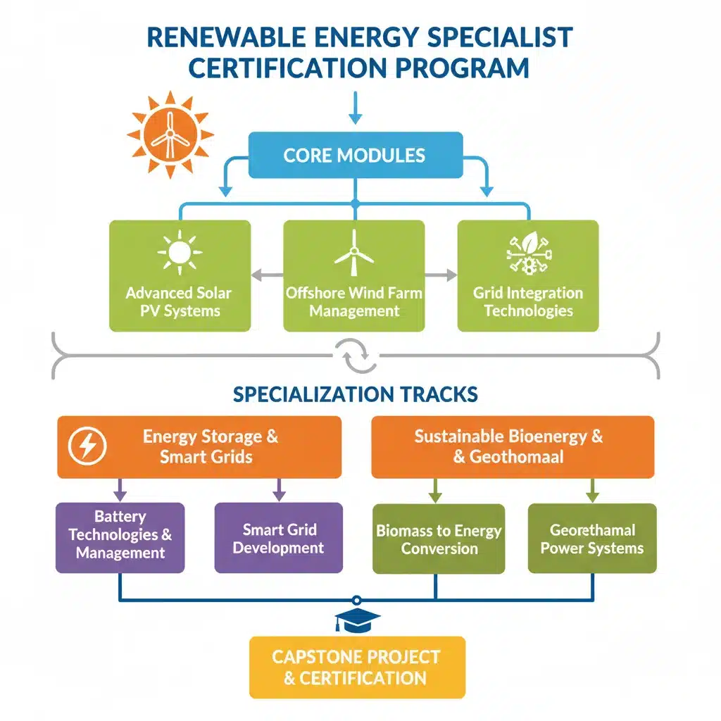 Infographic detailing a modular online certification program for renewable energy specialists.