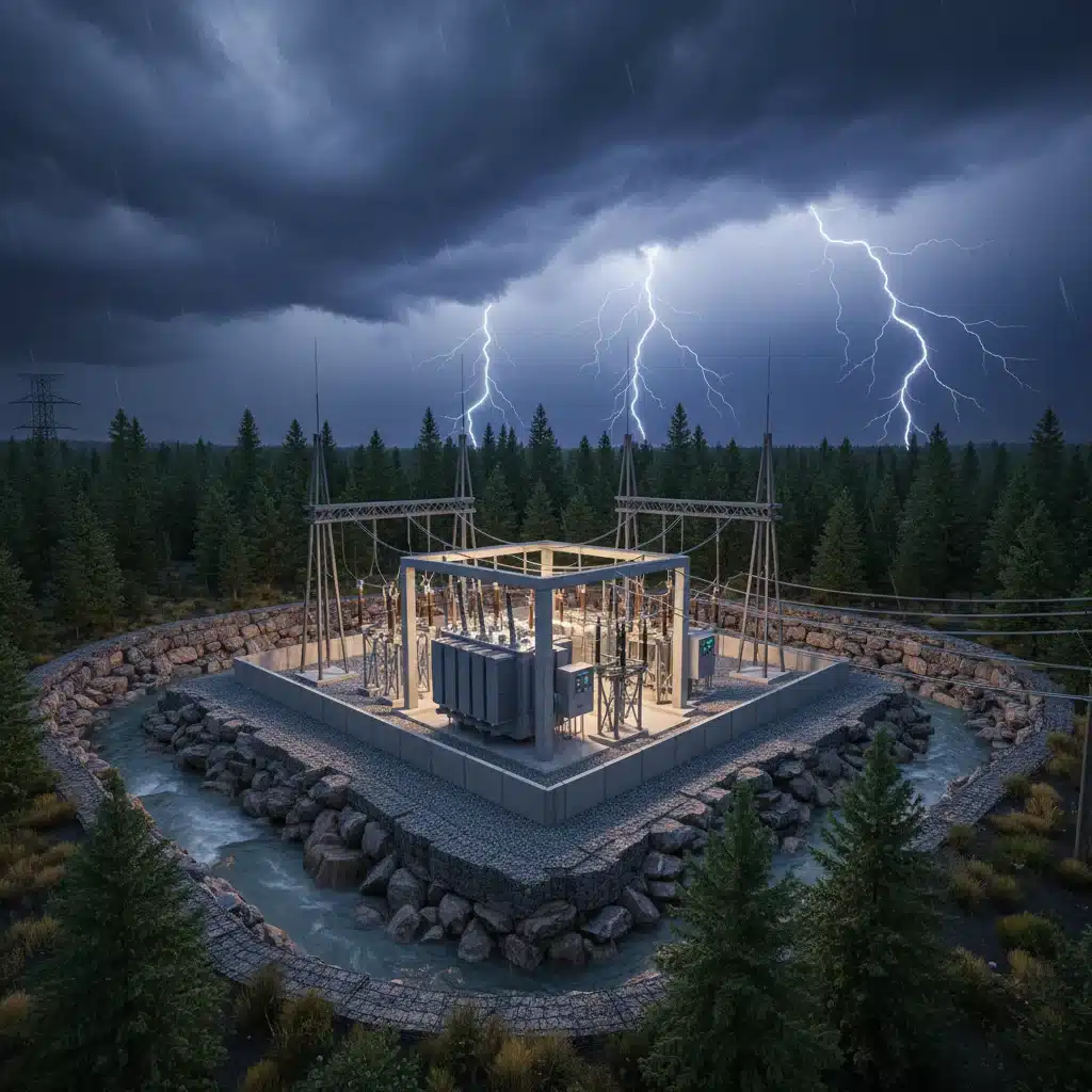 Modern power substation enduring a storm, showcasing resilience and advanced infrastructure.