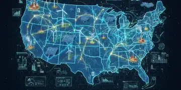 Smart grid overlaying U.S. map, symbolizing national energy modernization and technological advancement.