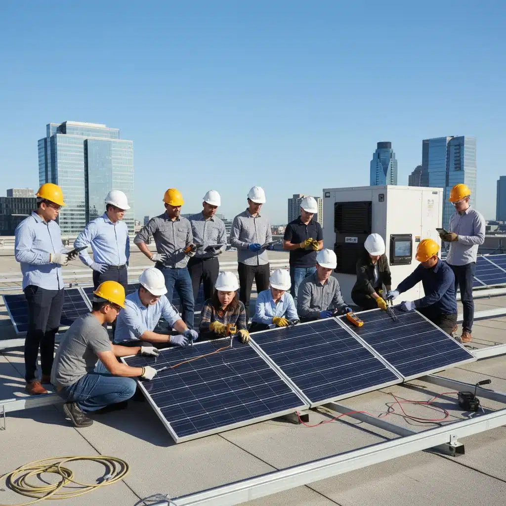 Professionals learning solar panel installation and maintenance techniques in an outdoor training environment.