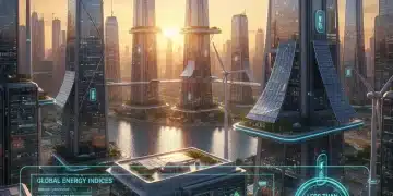 Sustainable city powered by renewable energy with financial charts showing low-interest rates