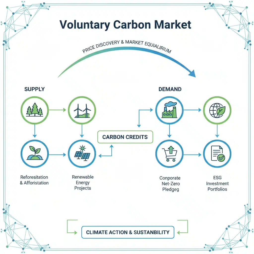 Infographic depicting voluntary carbon market supply and demand dynamics with project types and corporate drivers.