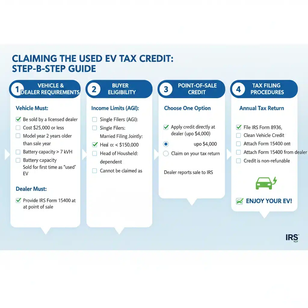 Infographic detailing steps to claim used EV tax credit.