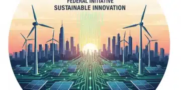 Illustration of clean energy infrastructure with solar panels, wind turbines, and a green energy grid.
