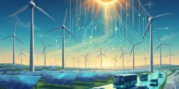 Dynamic clean energy landscape with solar panels, wind turbines, and electric vehicles, symbolizing growth and investment.