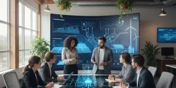 Professionals collaborating on clean energy projects in a modern office