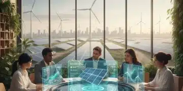 Professionals analyzing clean energy data on holographic displays in a sustainable office, with renewable energy infrastructure in the background.