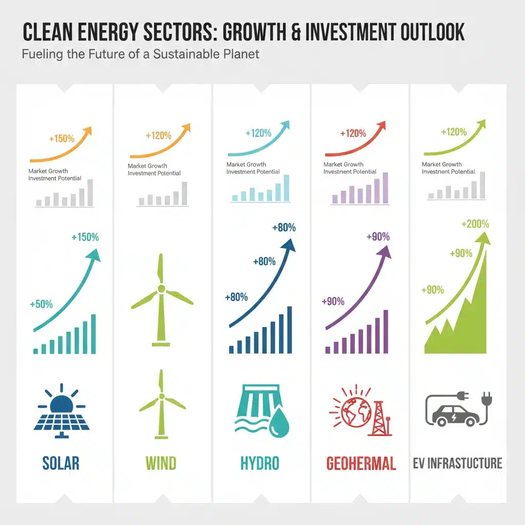 Infographic detailing growth trends and investment potential across diverse clean energy sectors.