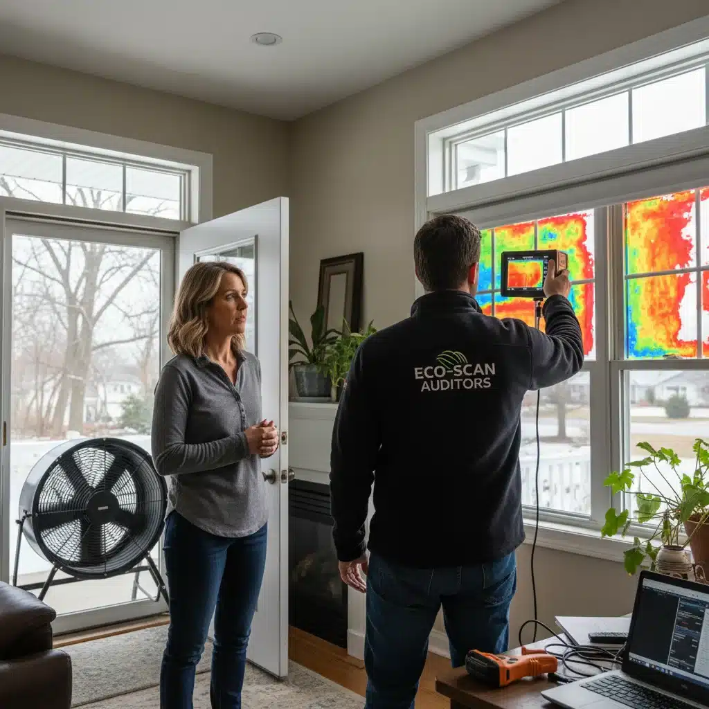 Energy auditor using infrared camera to detect heat loss