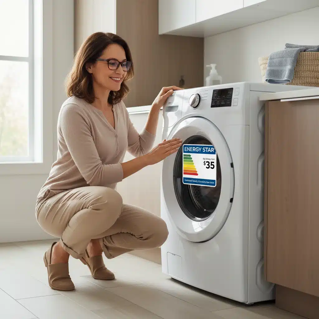 Homeowner examining Energy Star label on a new energy-efficient washing machine.