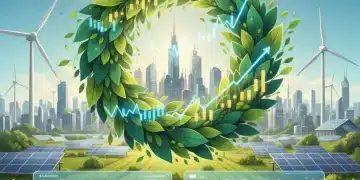 Illustration of green leaves and financial graphs representing green bond investment growth and sustainable finance.