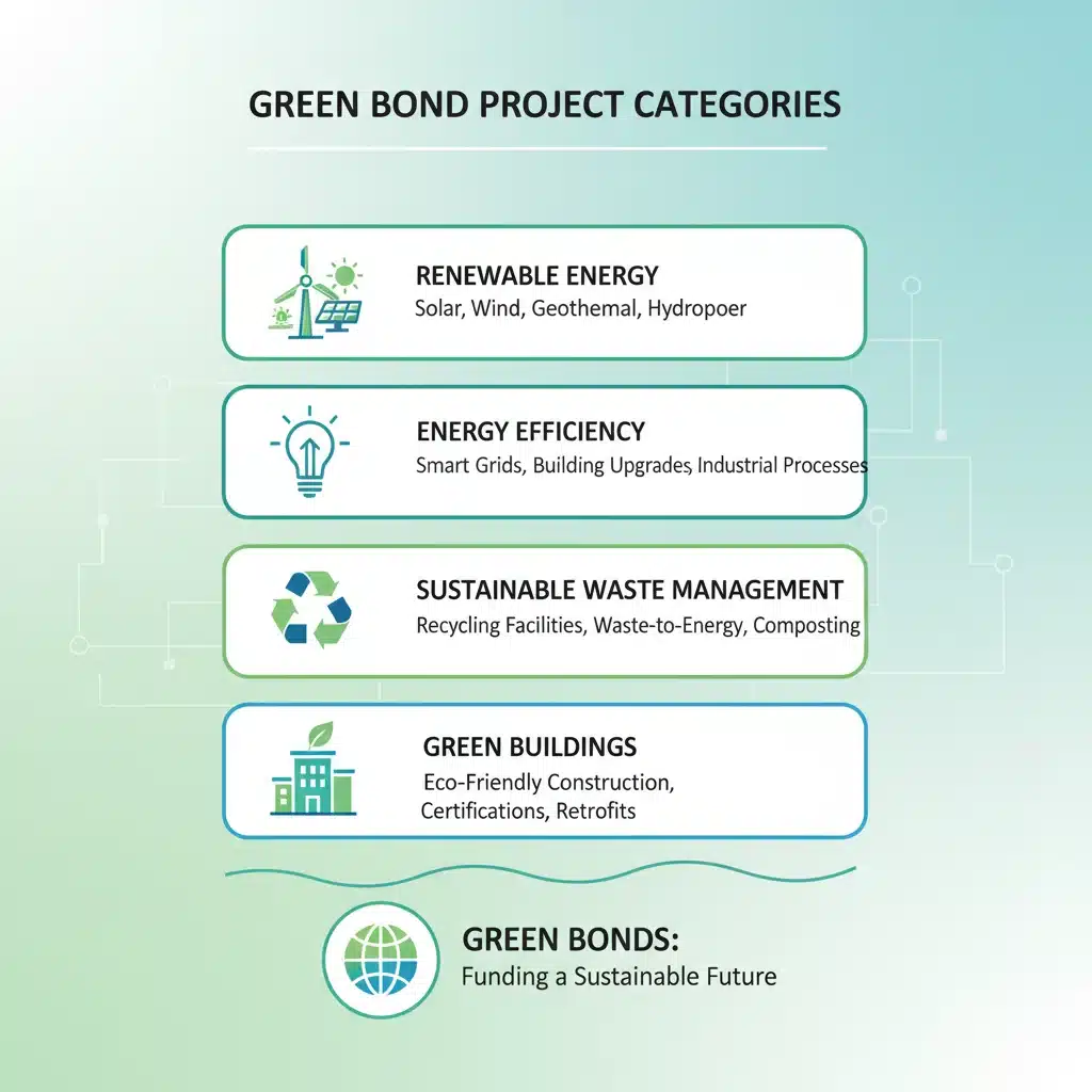 Infographic detailing green bond project categories like renewable energy, green buildings, and waste management.