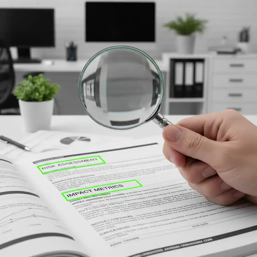 Hand with magnifying glass examining a financial report for green bond risk assessment and impact metrics.