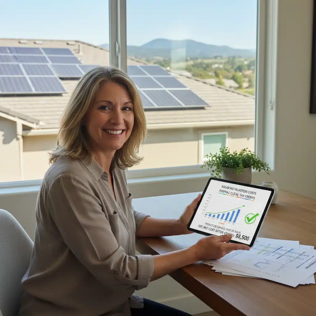 Homeowner reviewing solar investment and federal tax credit documents, highlighting financial planning.